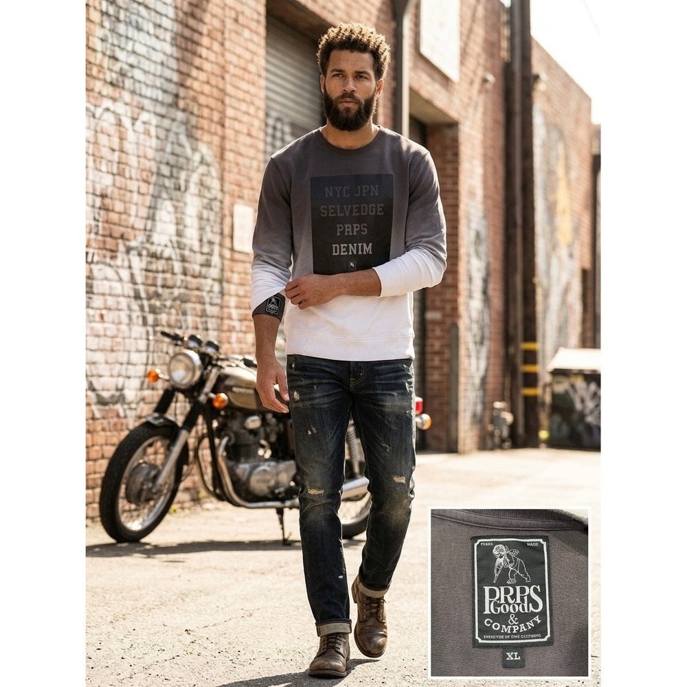 PRPS Goods & Company Mens XL Grey White Ombre Selvedge Denim Sweatshirt E78S21